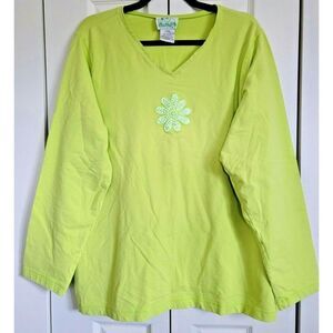 Quacker Factory 3/4 Sleeve‎ Stretch Knit Top Sz Large Lime Green Beaded Flower